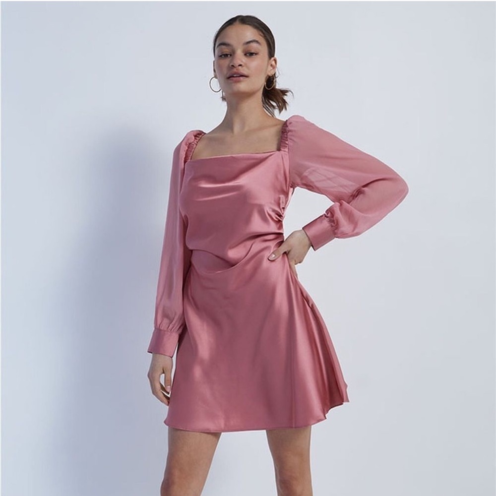 NWOT WeWoreWhat Puff Sleeve Crinkle Chiffon Cowl Dress in Rosewood